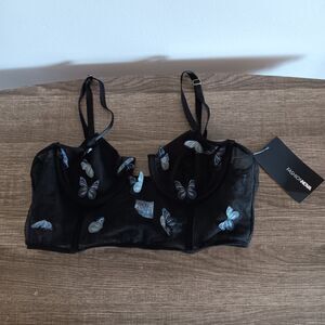 Fashion Nova Women Black 3D Blue Butterflies Mesh Adjustable Bustier Bra Size M